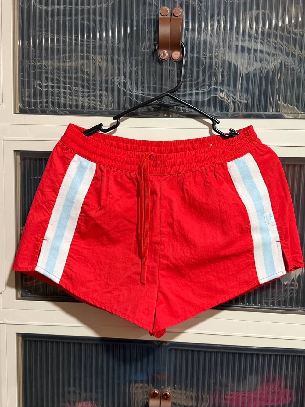 JoyLab Red Athletic Shorts with White and Light Blue Side Stripes